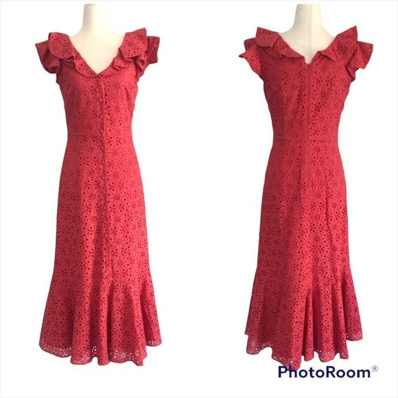 ANTONIO MELANI Cotton Eyelet Midi Dress Button Front Sleeveless Coral Size 4 New - Picture 2 of 16